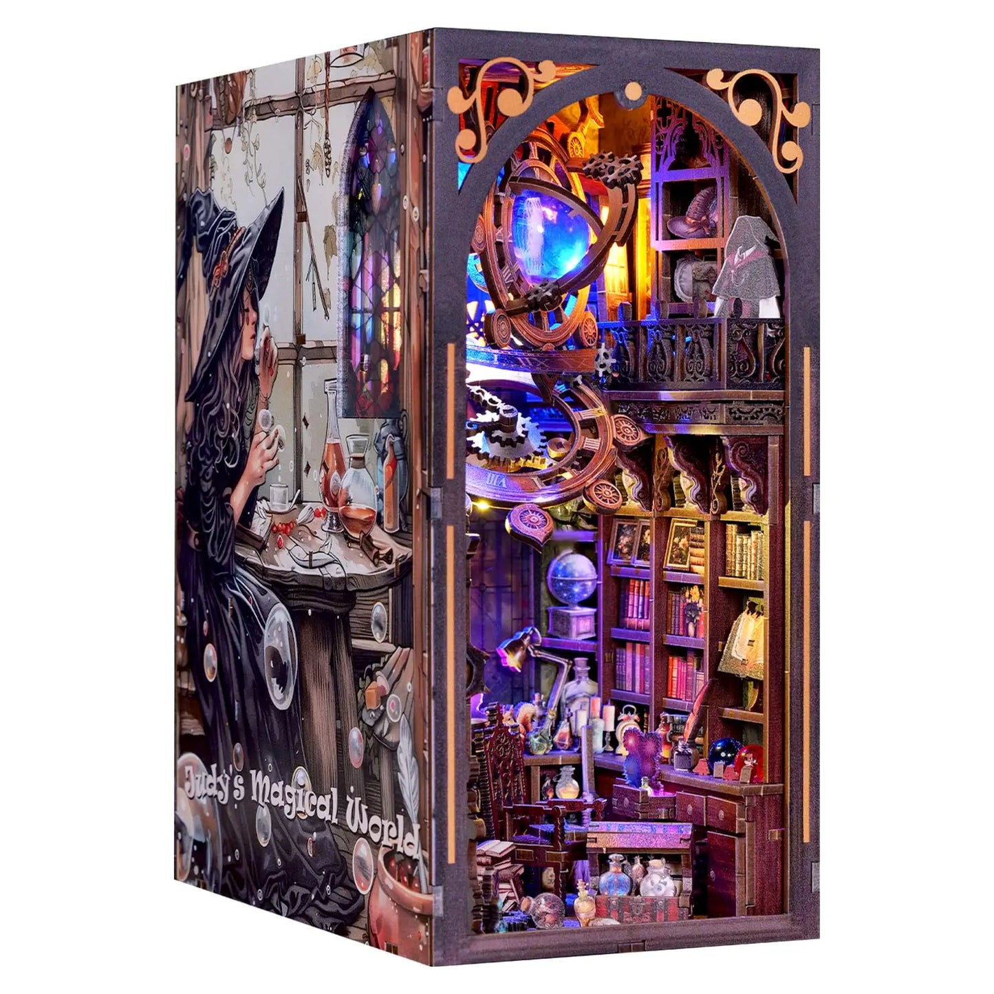 Judy’s Magical World Book Nook Kit with LED | Double‑Sided Witch House | DIY Fantasy Bookshelf Insert