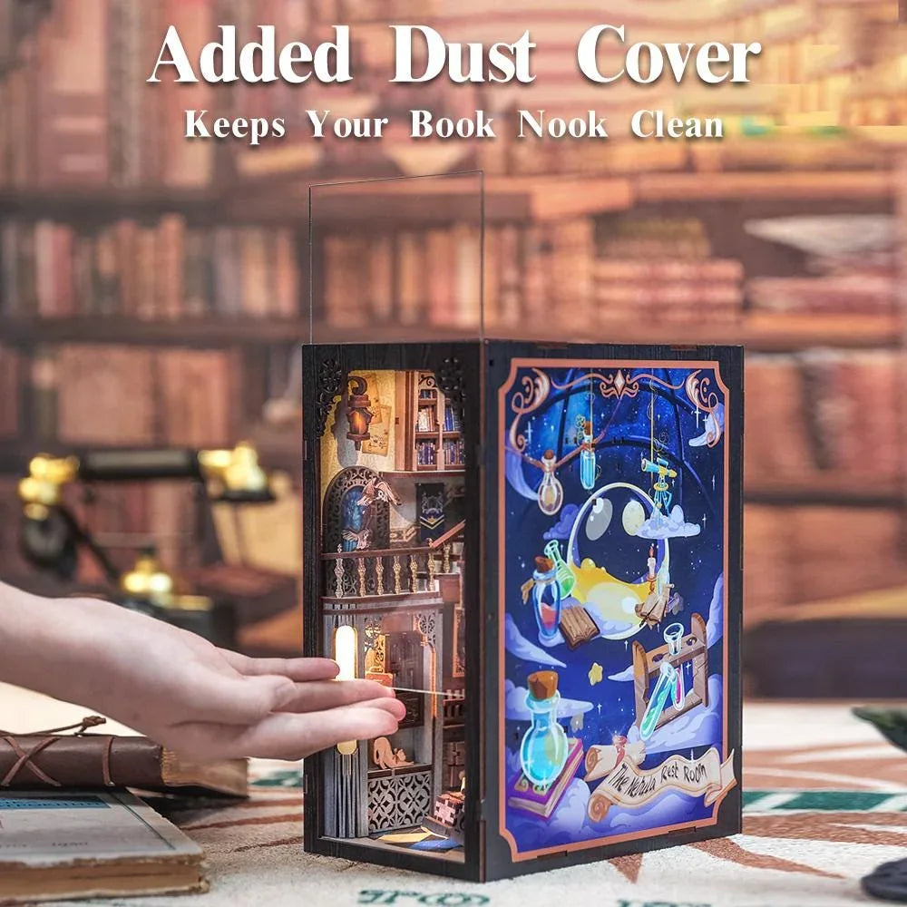 Book Nook Sala de Lectura Mágica con luces LED – Kit DIY de Madera | Diorama 3D Miniatura | Inserto para Estantería | Regalo lector - Miniverse Studio