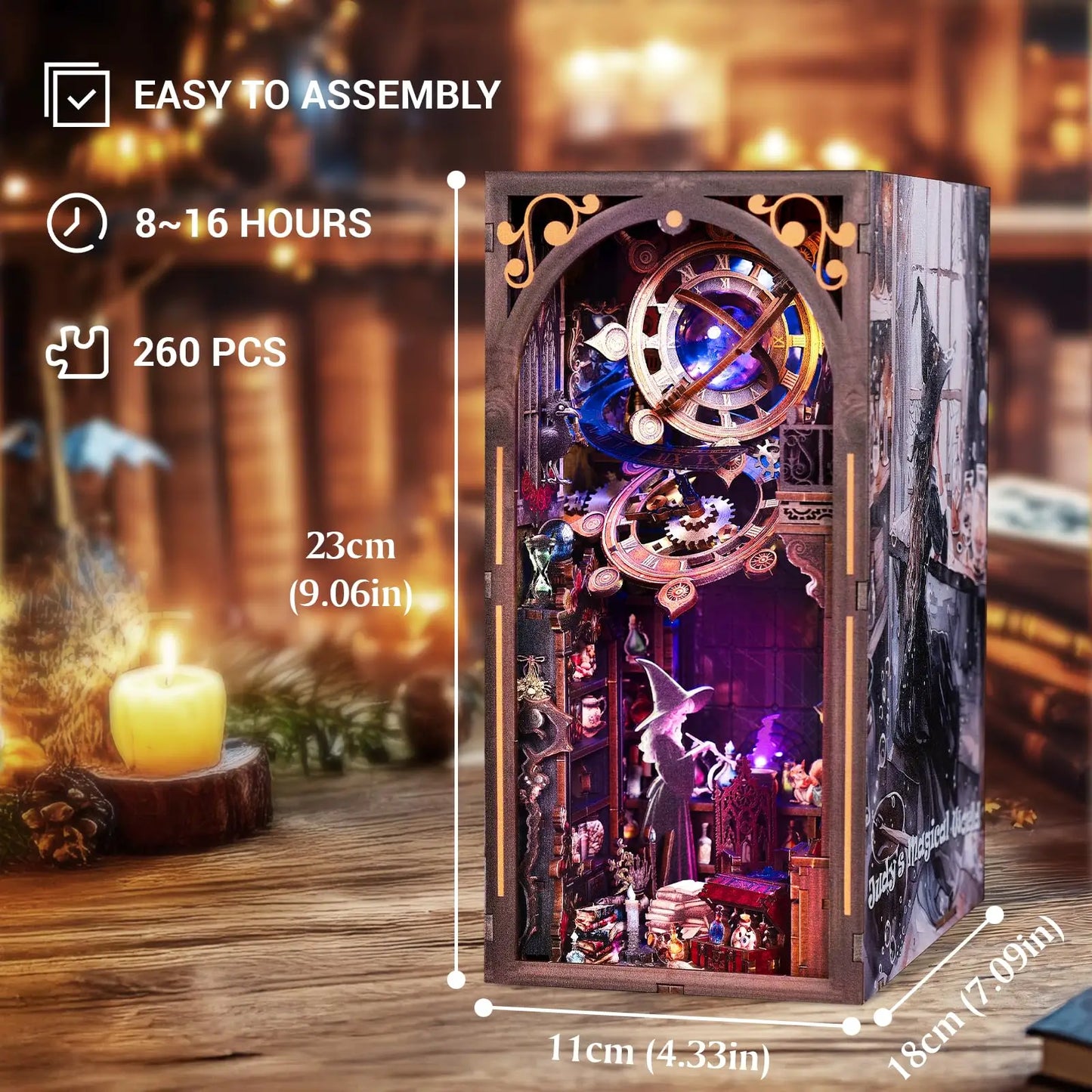 Judy’s Magical World Book Nook Kit with LED | Double‑Sided Witch House | DIY Fantasy Bookshelf Insert