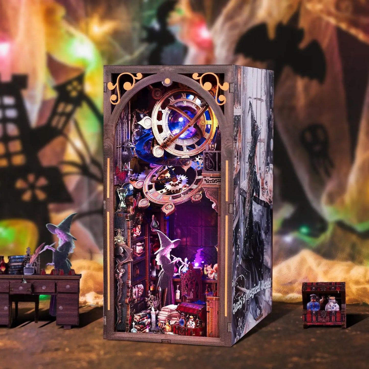 Judy’s Magical World Book Nook Kit with LED | Double‑Sided Witch House | DIY Fantasy Bookshelf Insert