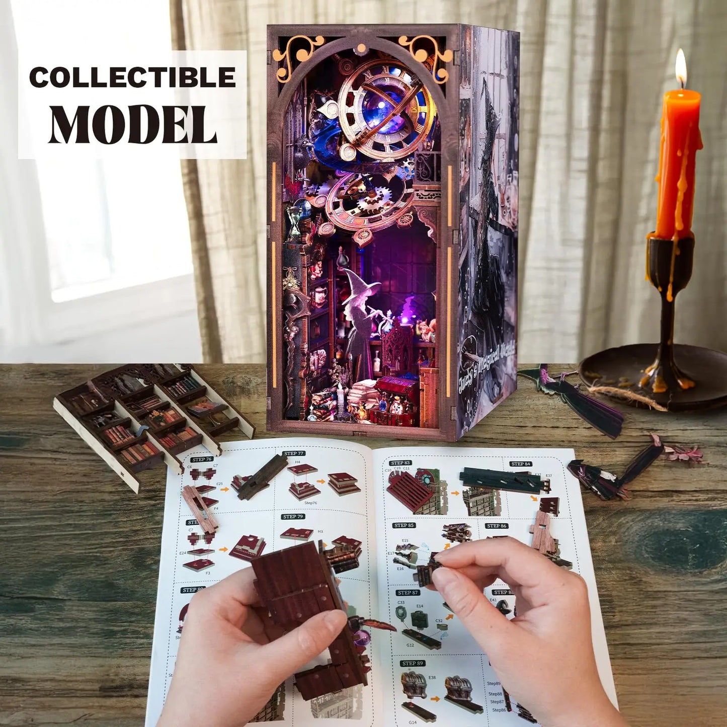 Judy’s Magical World Book Nook Kit with LED | Double‑Sided Witch House | DIY Fantasy Bookshelf Insert