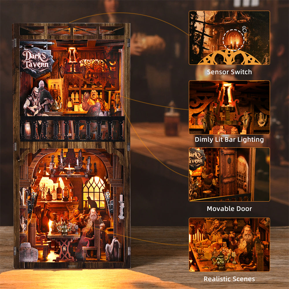 Compact Medieval Tavern book nook case showing its narrow footprint next to tavern-themed decor