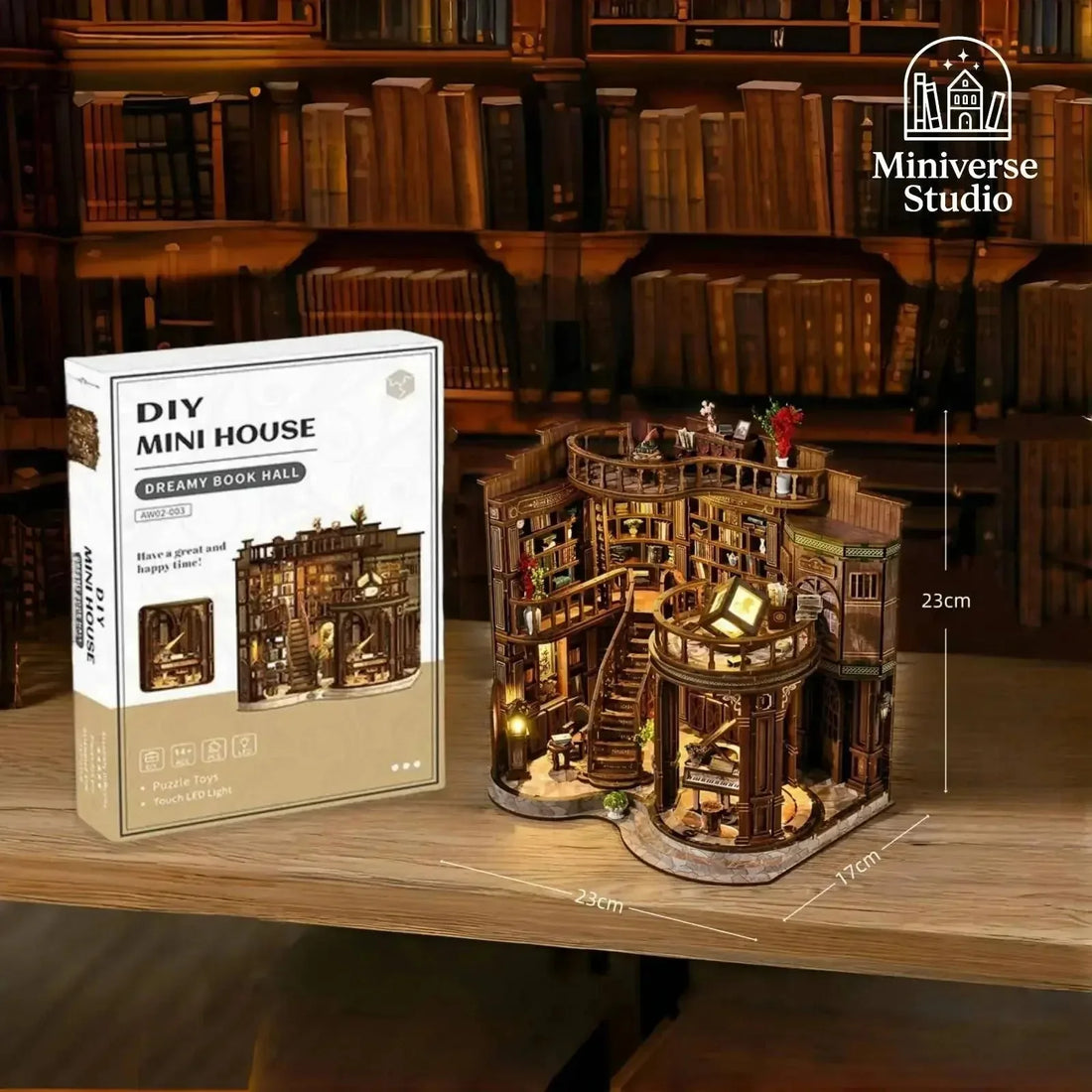 Dreamy Book Hall miniature library dollhouse with curved bookshelves, staircase and piano room