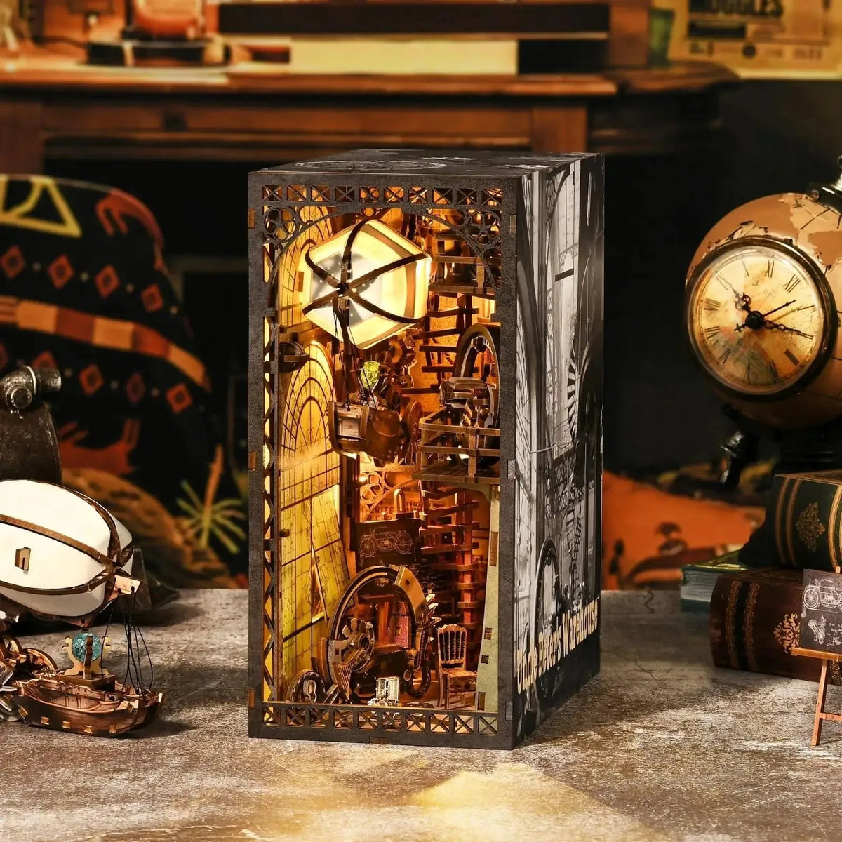Uncle Peter's Warehouse steampunk book nook with its spiral staircase and hanging airship
