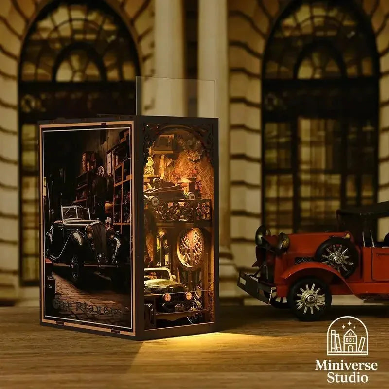 Car Players retro garage book nook with a vintage pickup truck, motorcycle and workshop loft