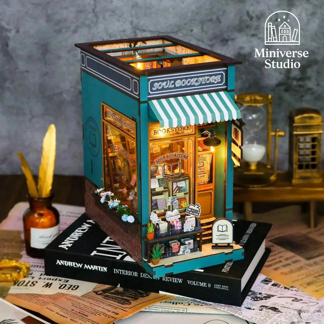 Soul Bookstore miniature bookshop kit with its shopfront, awning and sidewalk book sale