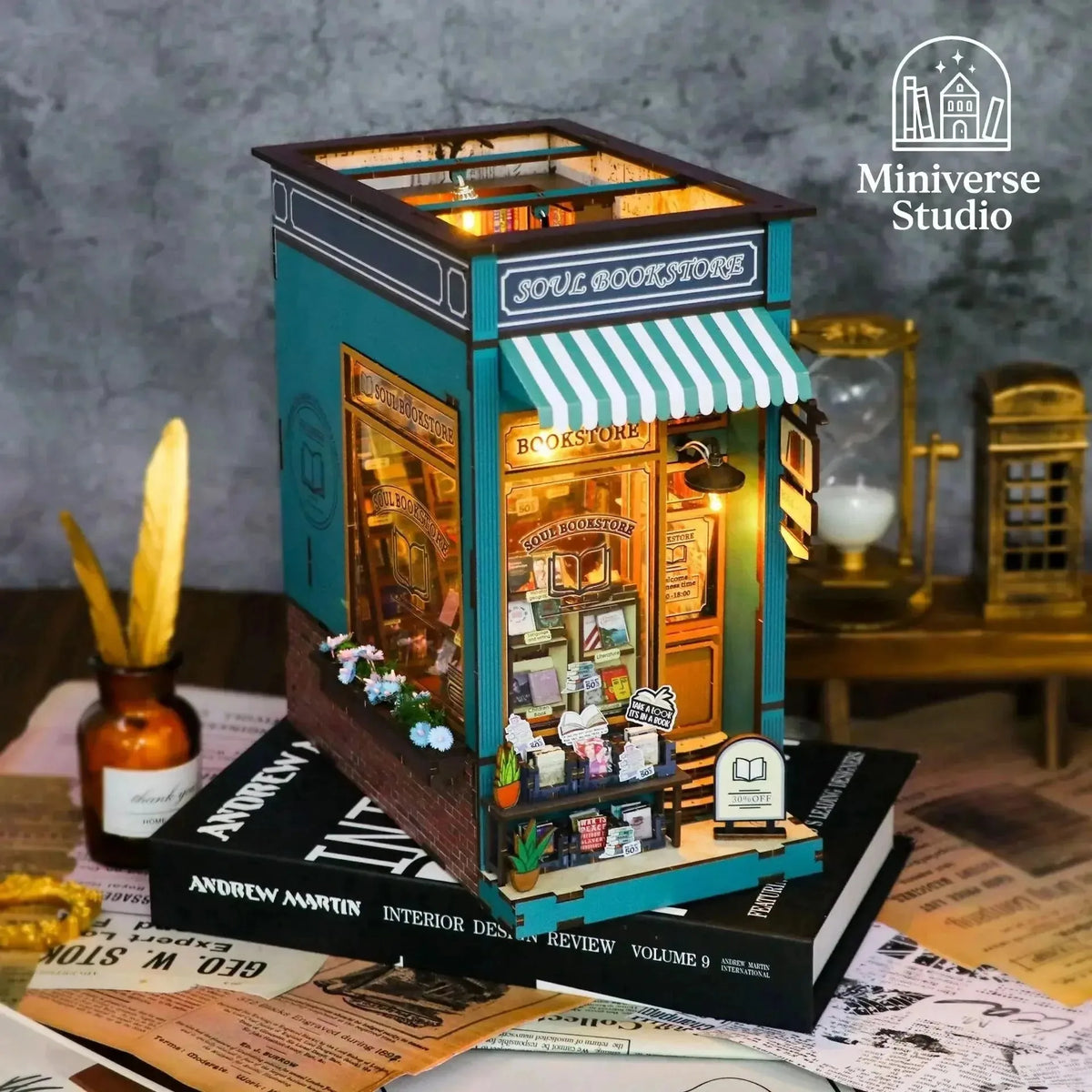 Soul Bookstore miniature bookshop kit with its shopfront, awning and sidewalk book sale
