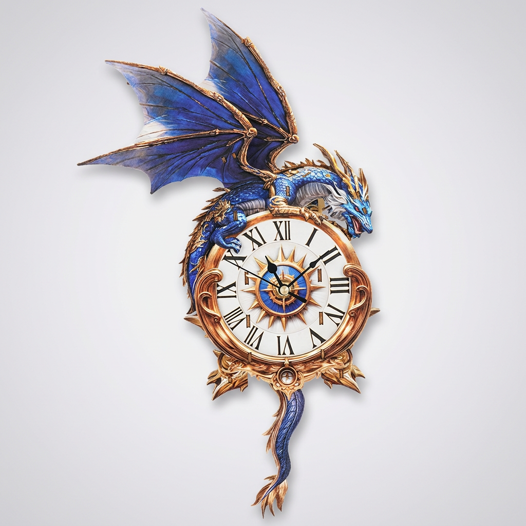 Blue Dragon 3D wooden puzzle wall clock, studio hero shot