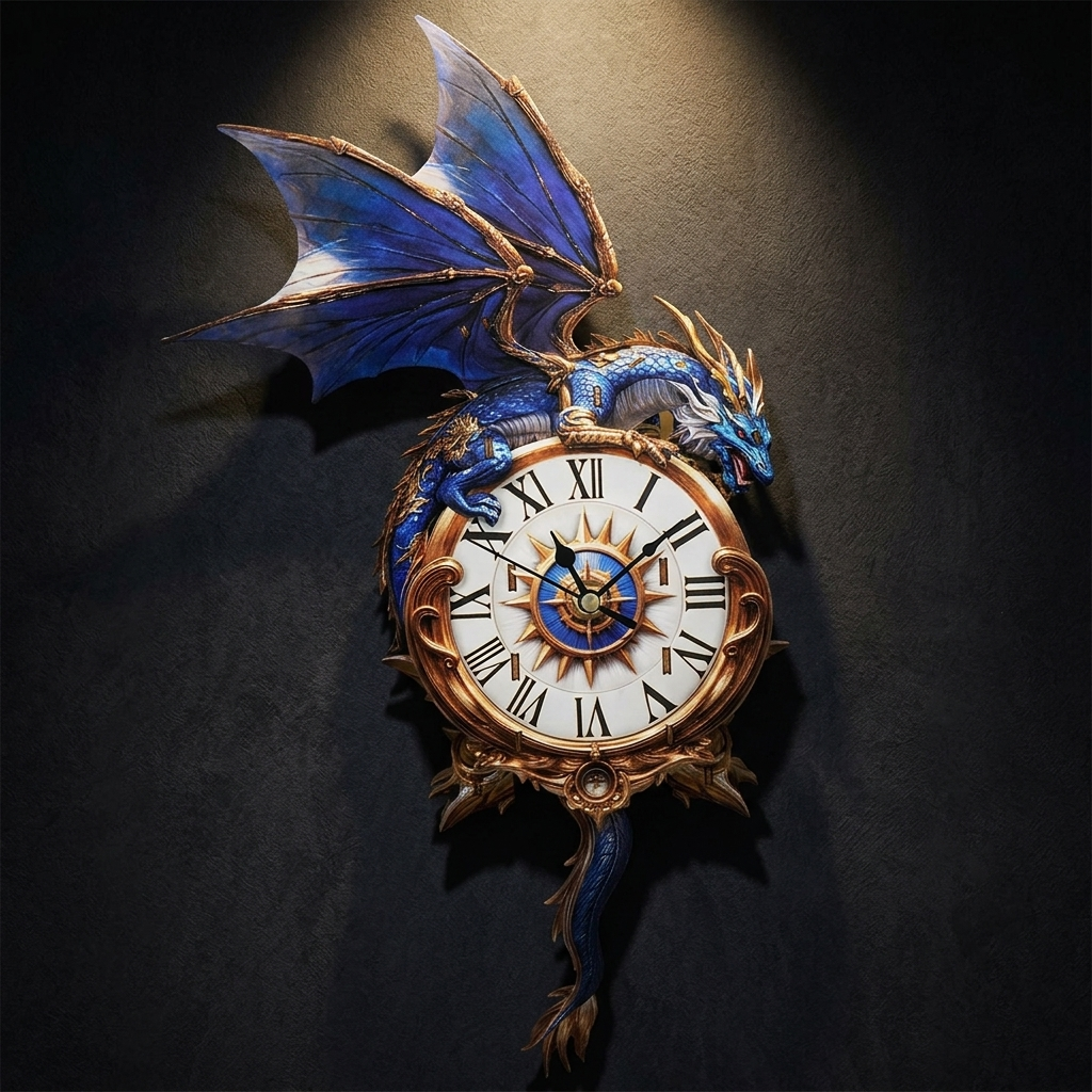 Blue Dragon 3D wooden puzzle wall clock, dramatic dark studio shot
