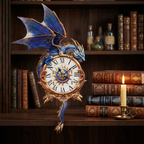 Blue Dragon wall clock displayed on a bookshelf among fantasy books