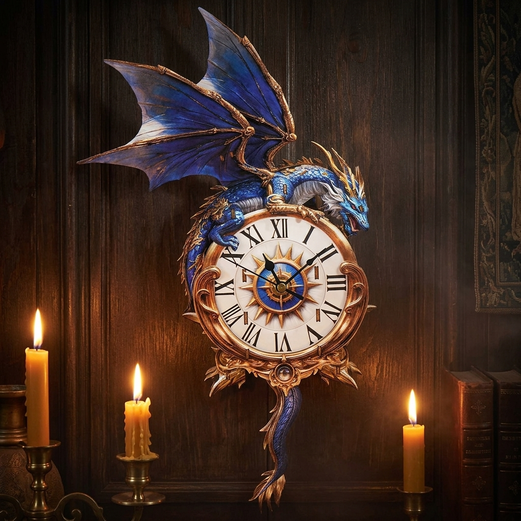 Blue Dragon wall clock hanging in a gothic study lit by candlelight