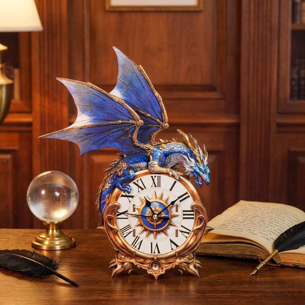 Blue Dragon table clock displayed on an antique writing desk