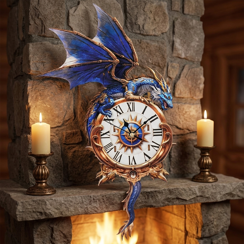 Blue Dragon wall clock displayed on a stone fireplace mantel with candles