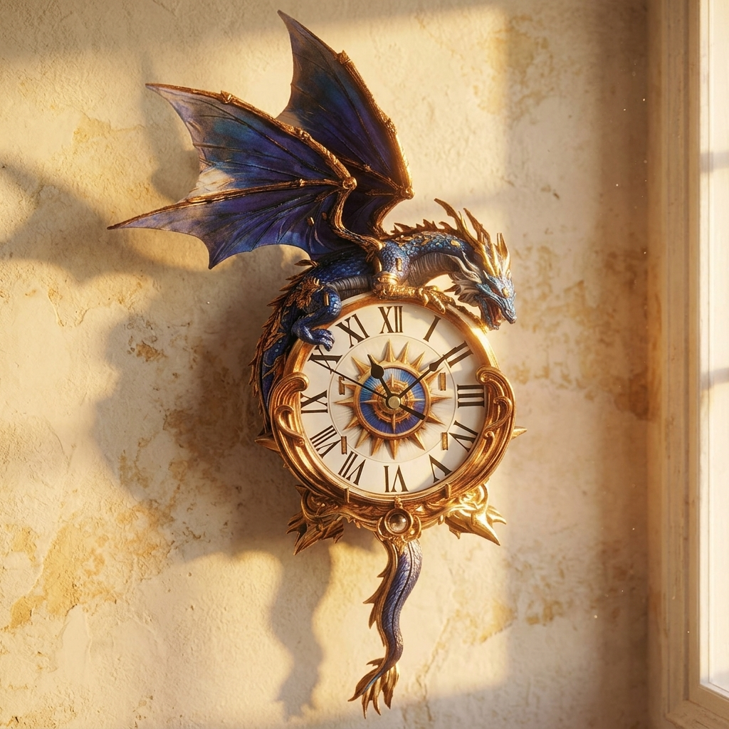 Blue Dragon wall clock hanging on a wall in warm golden hour light
