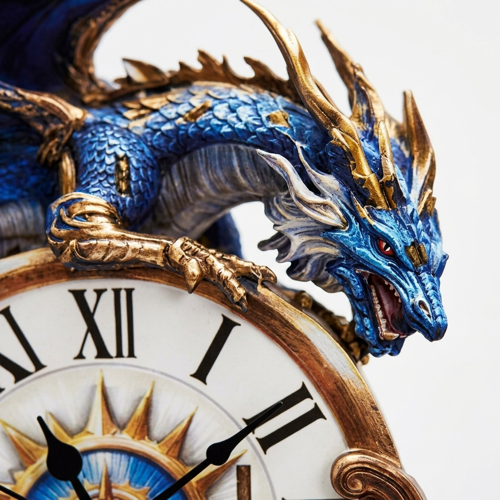 Close-up detail of the dragon head on the wooden puzzle clock