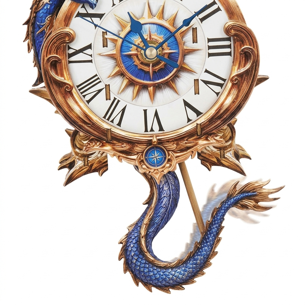 Close-up detail of the clock base and the dragon's tail pendulum