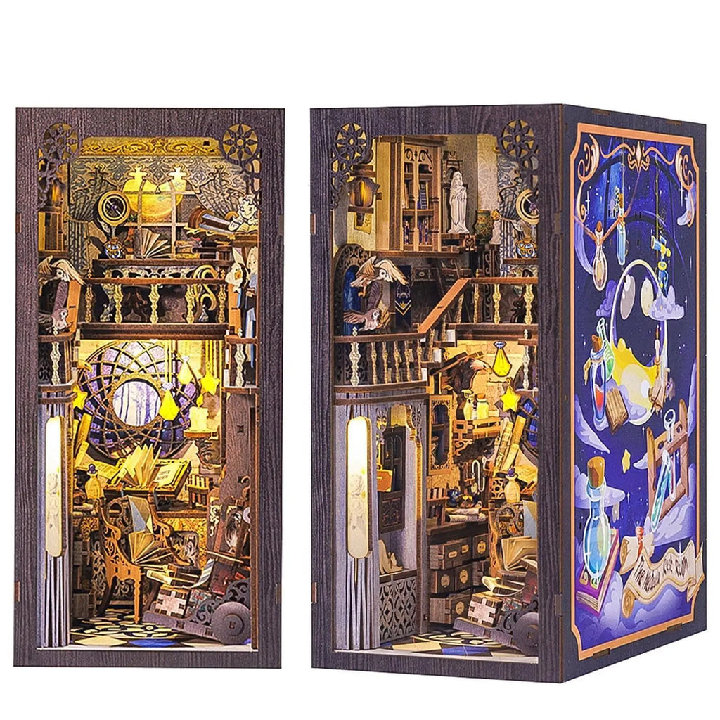 Book Nook Magical Reading Room with LED Lights – DIY Wooden Kit | 3D Miniature Diorama | Shelf Insert | Reader Gift