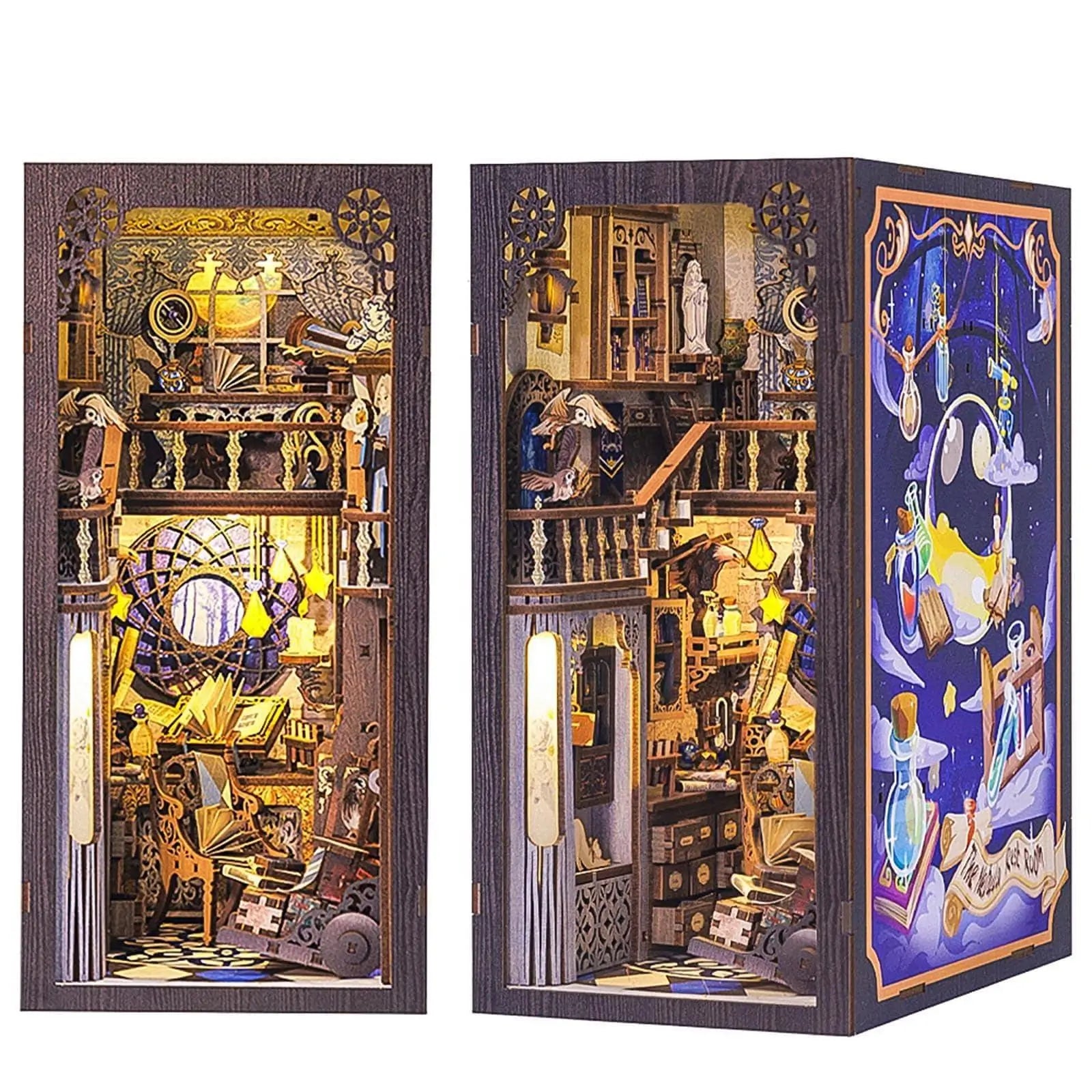 Book Nook Magical Reading Room with LED Lights – DIY Wooden Kit | 3D Miniature Diorama | Shelf Insert | Reader Gift