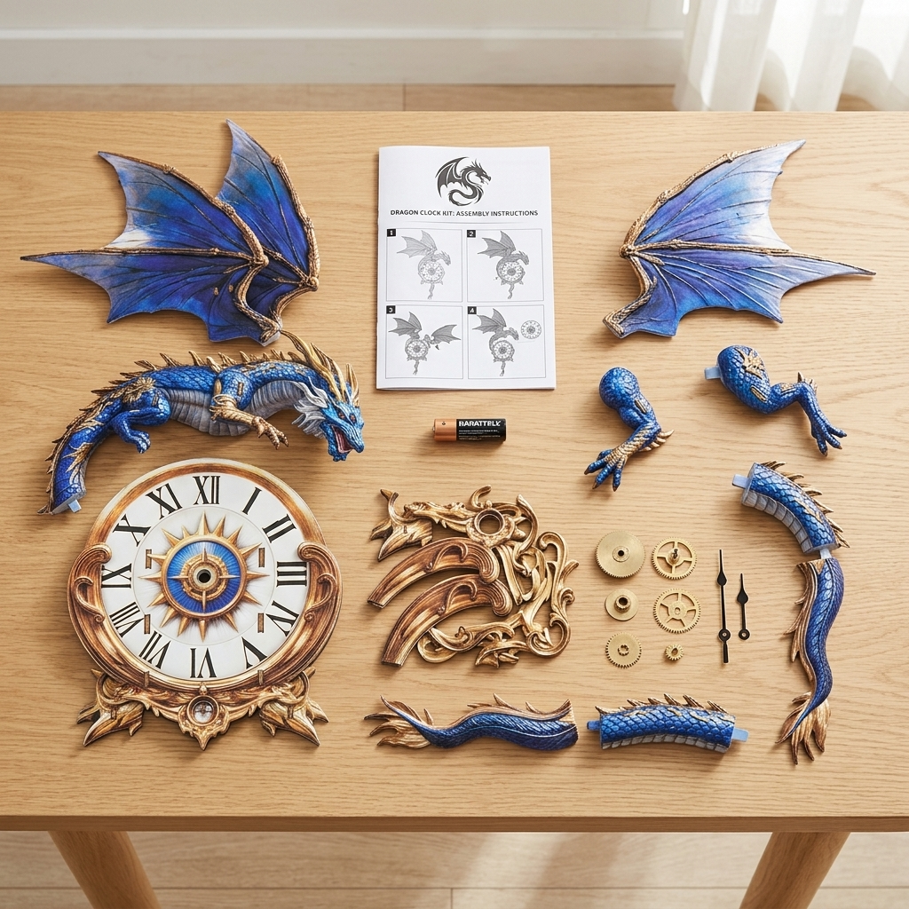 Unassembled wooden puzzle pieces of the Blue Dragon clock kit, flat lay