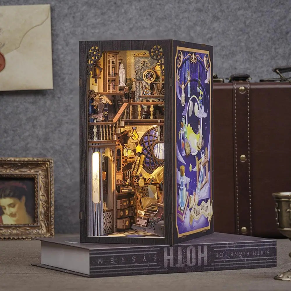 Book Nook Magical Reading Room with LED Lights – DIY Wooden Kit | 3D Miniature Diorama | Shelf Insert | Reader Gift