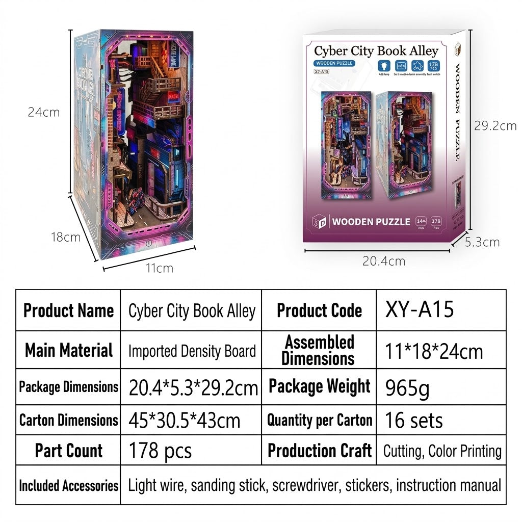 Neon City Alley book nook kit specifications: assembled size, materials, weight, and included accessories