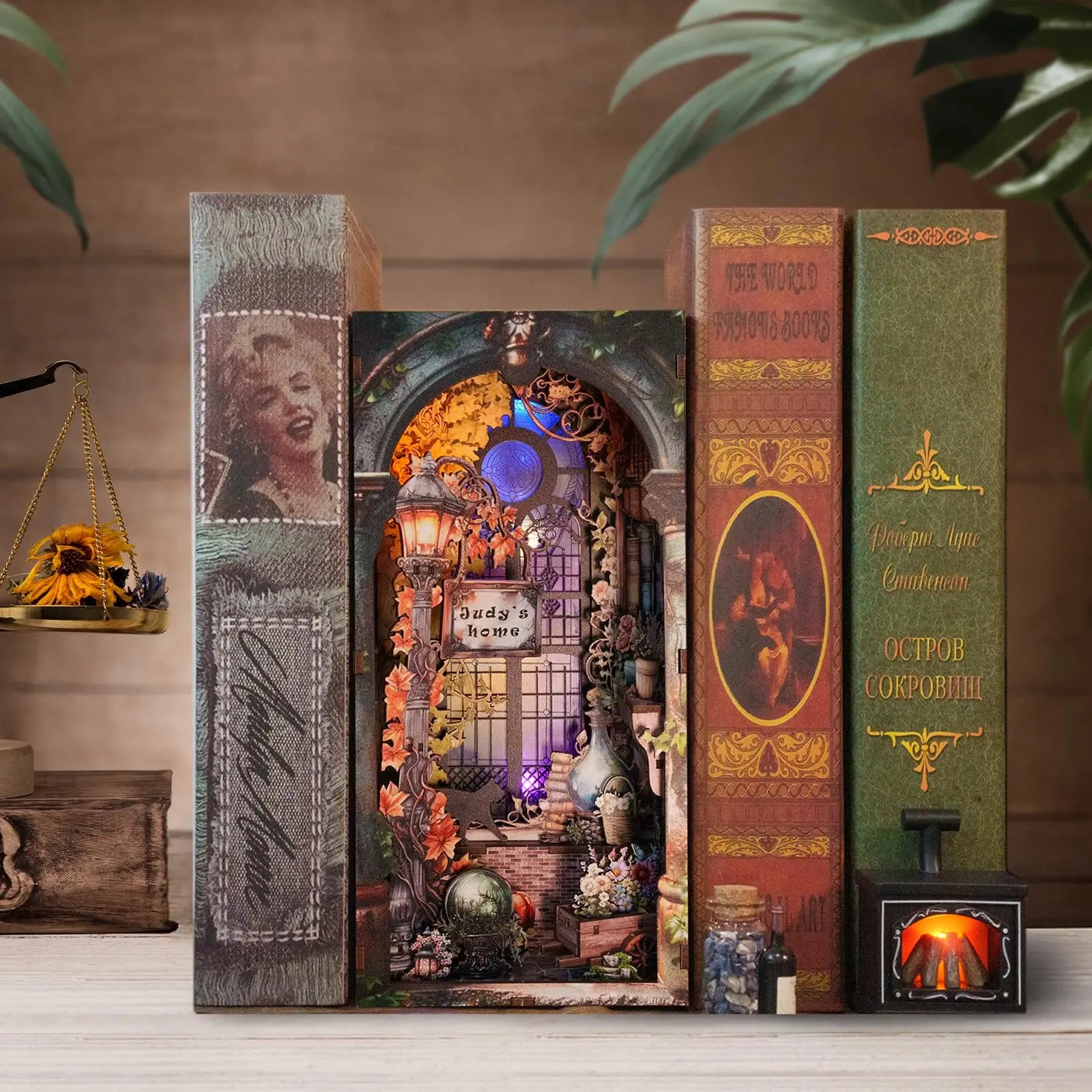 Judy’s Magical World Book Nook Kit with LED | Double‑Sided Witch House | DIY Fantasy Bookshelf Insert 