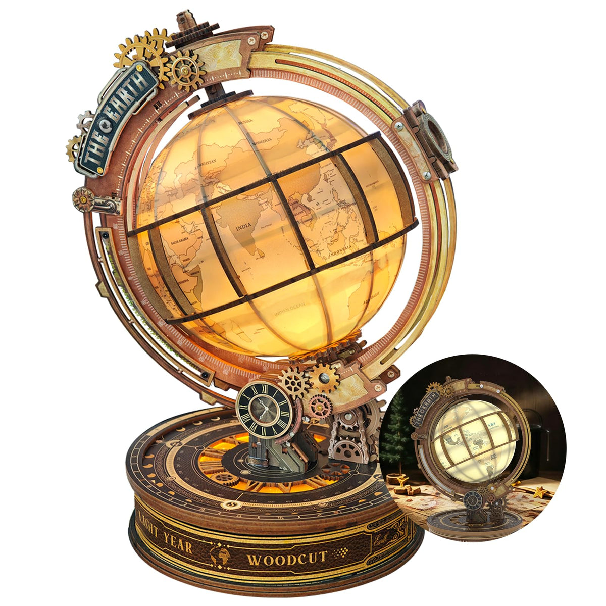 Star Trail Globe 3D wooden puzzle, steampunk world globe lit up with warm LED light