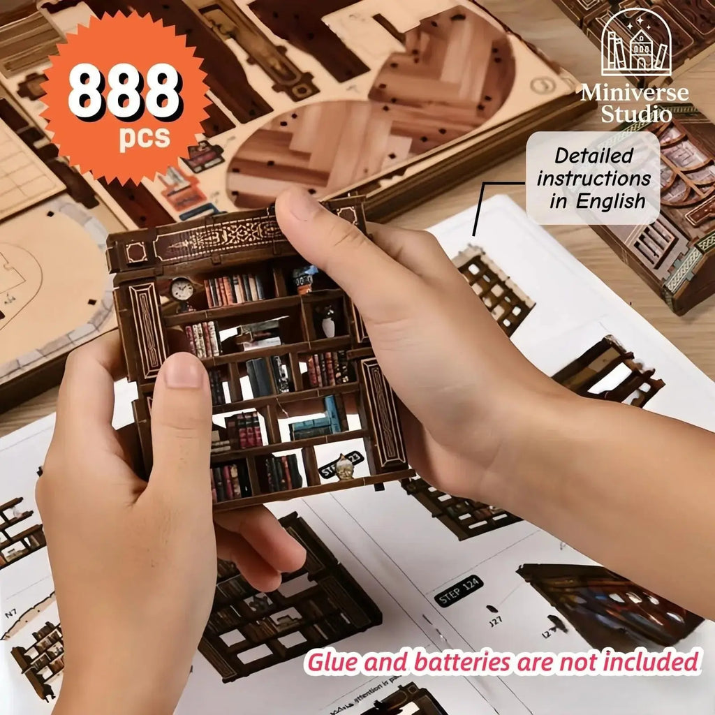 Miniature DIY Bookend Kit – Qimeng Book Hall – Handcrafted Cottage with Lights & Furniture