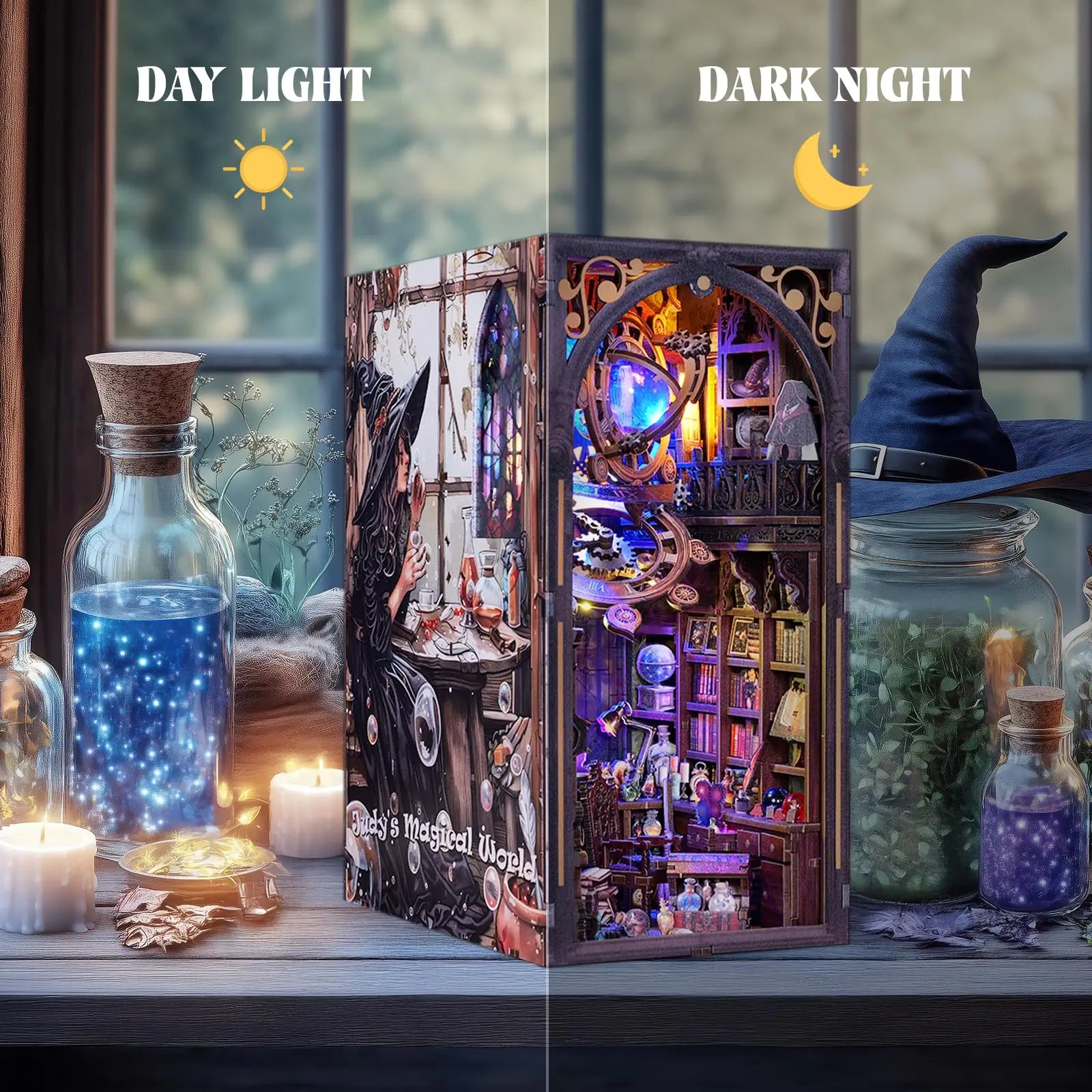 Judy’s Magical World Book Nook Kit with LED | Double‑Sided Witch House | DIY Fantasy Bookshelf Insert 