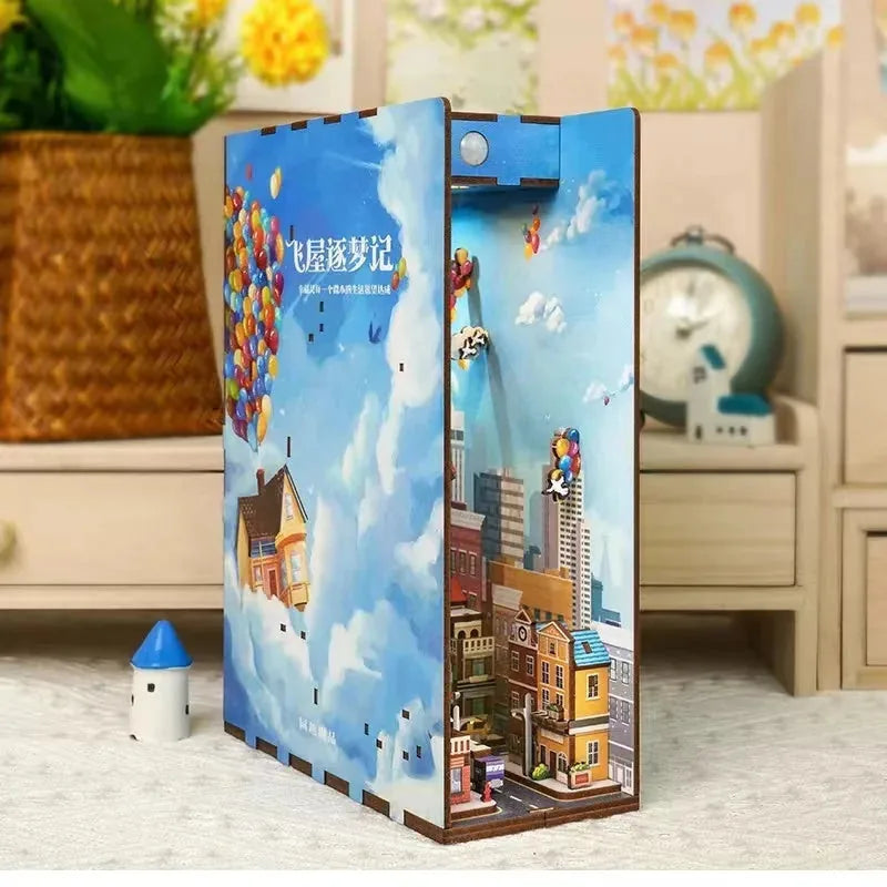 Floating Balloon House book nook seen from the side, blue sky panels with clouds
