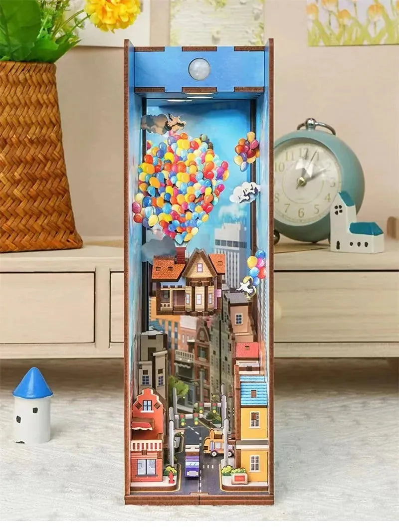 Assembled Floating Balloon House book nook diorama, front view on a desk