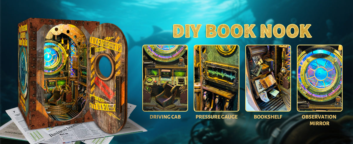 Submarine book nook details: driving cab, pressure gauge, bookshelf and observation mirror