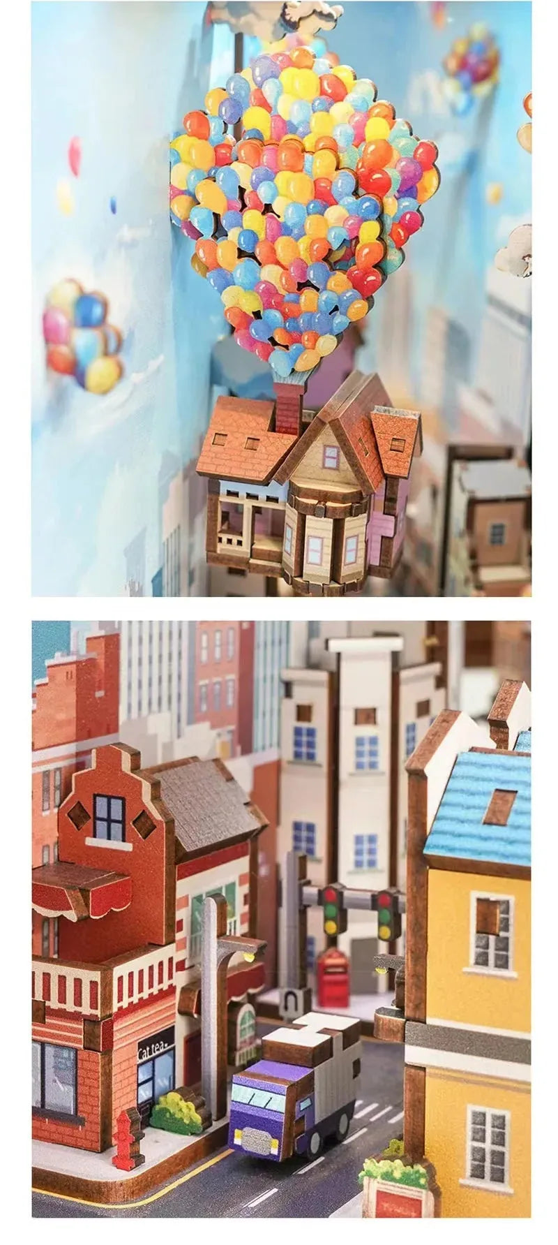 Close-up of the colorful balloon bunch lifting the little wooden house