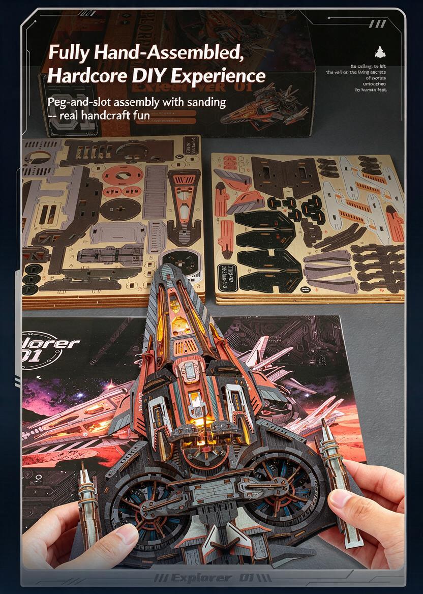 Explorer 01 Spaceship Kit | DIY 3D Wooden Puzzle with LED - product photo