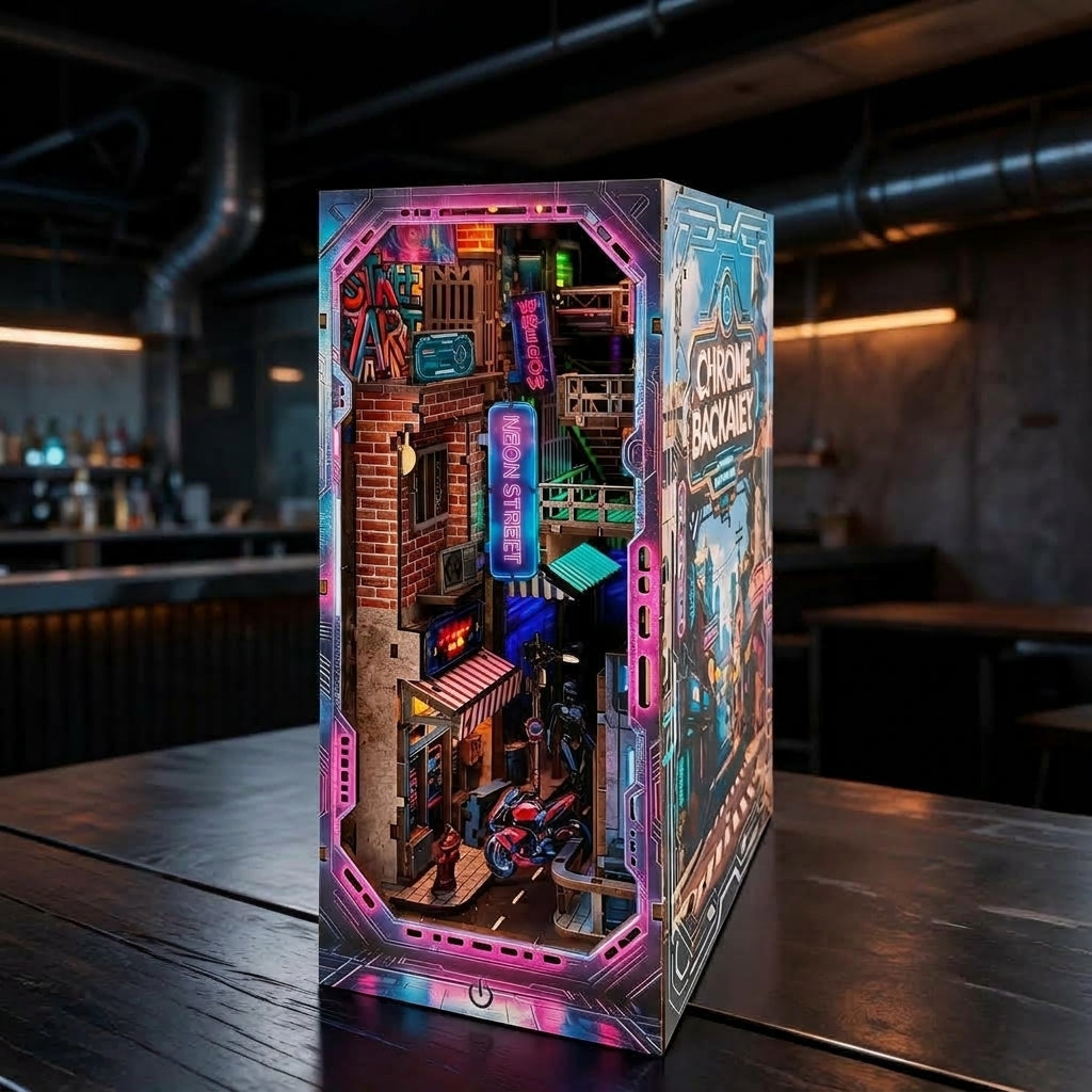 Neon City Alley book nook kit, glowing cyberpunk street diorama with pink and blue LED signs