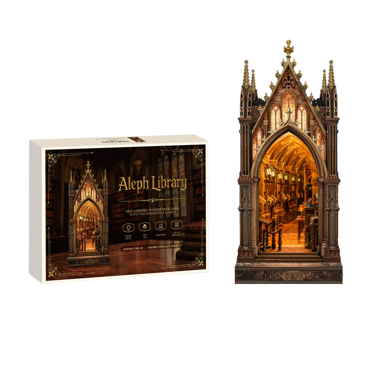 Wooden laser-cut panels and pieces included in the Aleph Library DIY kit