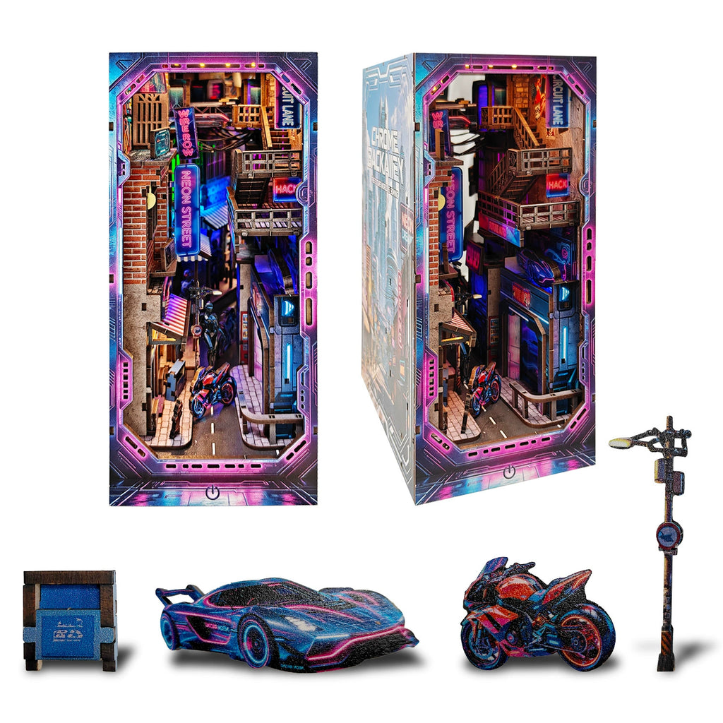 Neon City Alley book nook kit dimensions and box packaging