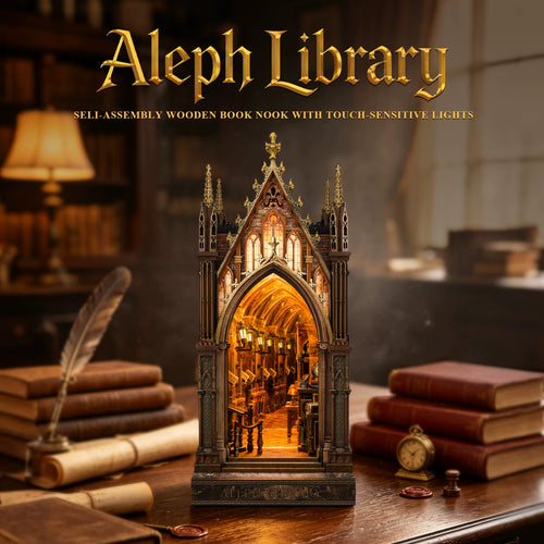 Aleph Library book nook kit, gothic cathedral diorama with warm amber lighting