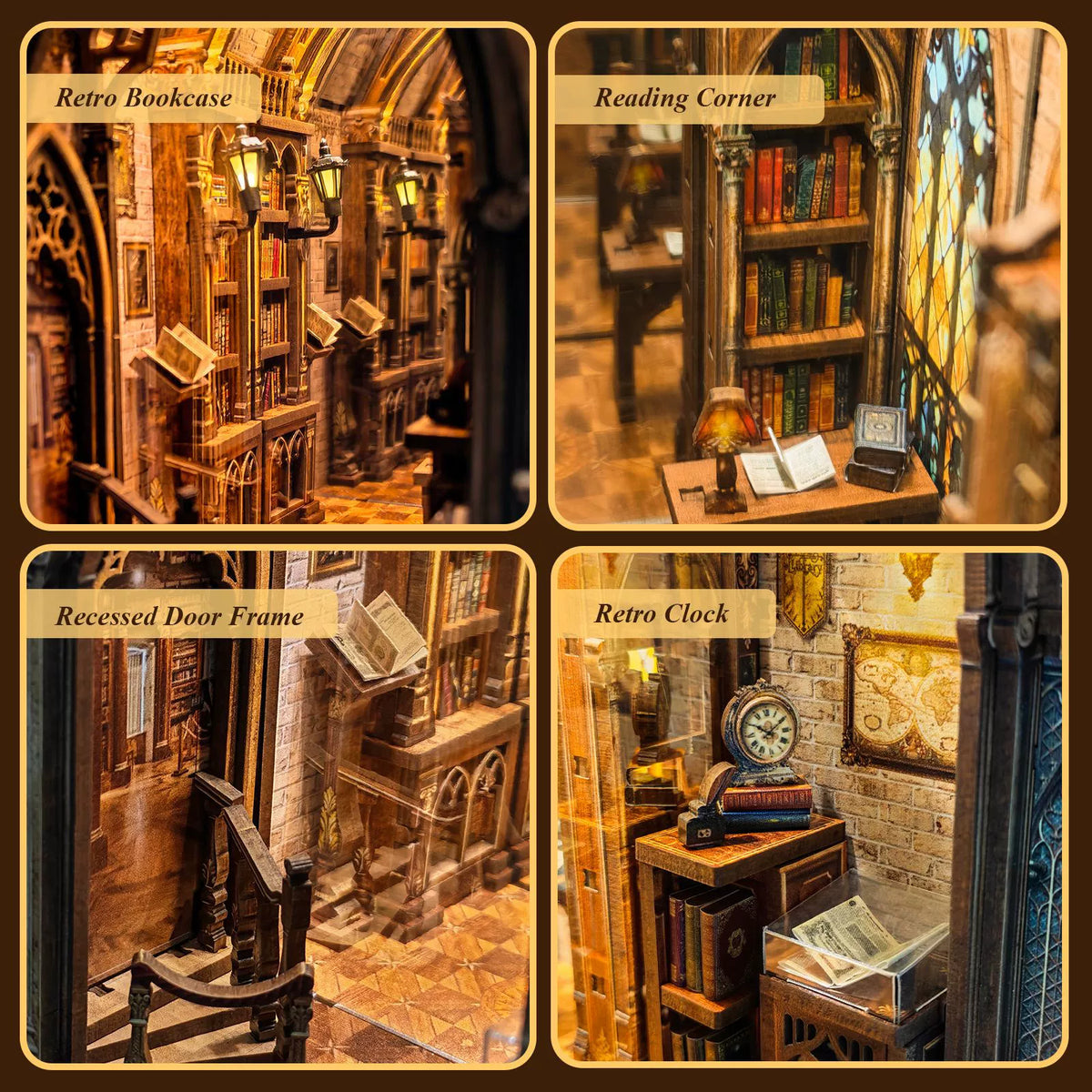 Aleph Library book nook kit shown assembled on a bookshelf between books