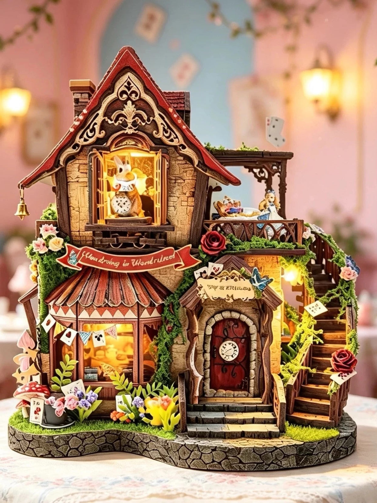 Alice in Wonderland DIY house diorama shown on a white background, front view with tea room and arched door
