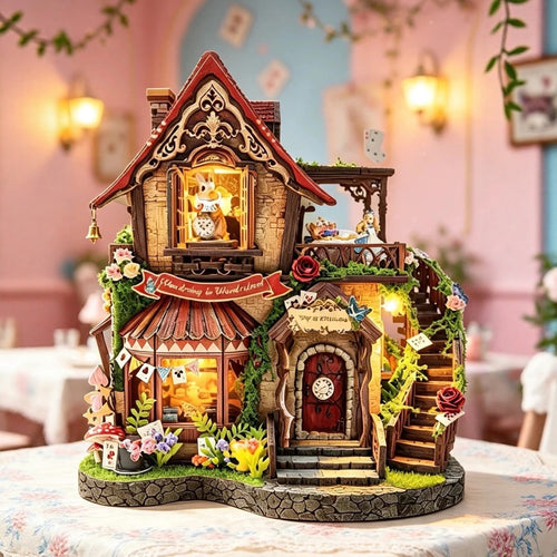 Alice in Wonderland miniature house kit, wooden cottage with a White Rabbit window, red roof and glowing lights