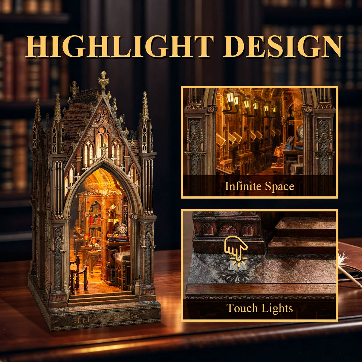 Aleph Library book nook kit lit up at night with warm touch-sensitive LED light