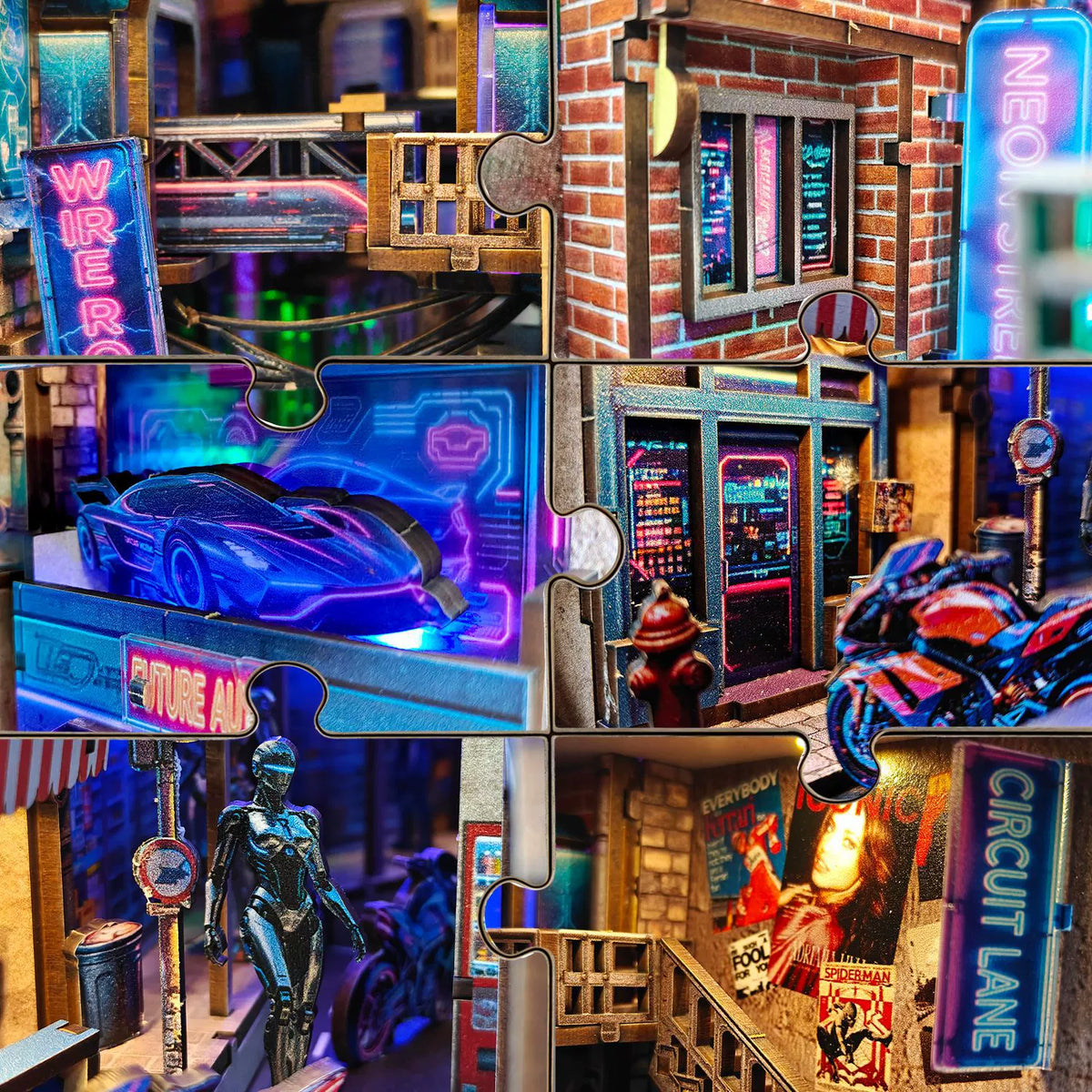 Neon City Alley book nook kit shown assembled with warm interior LED lighting