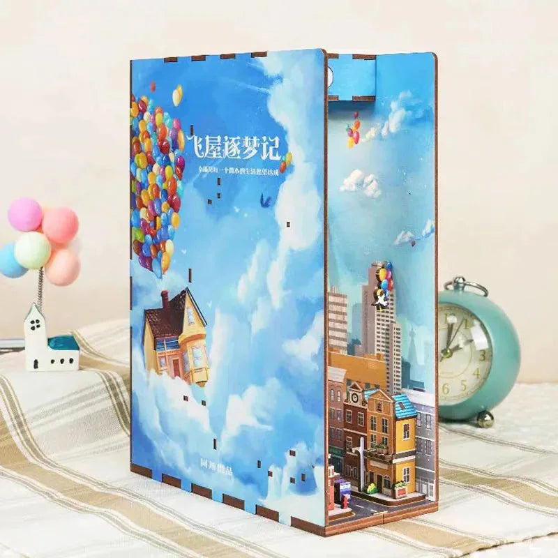 Floating Balloon House book nook kit, side view with sky and balloon artwork