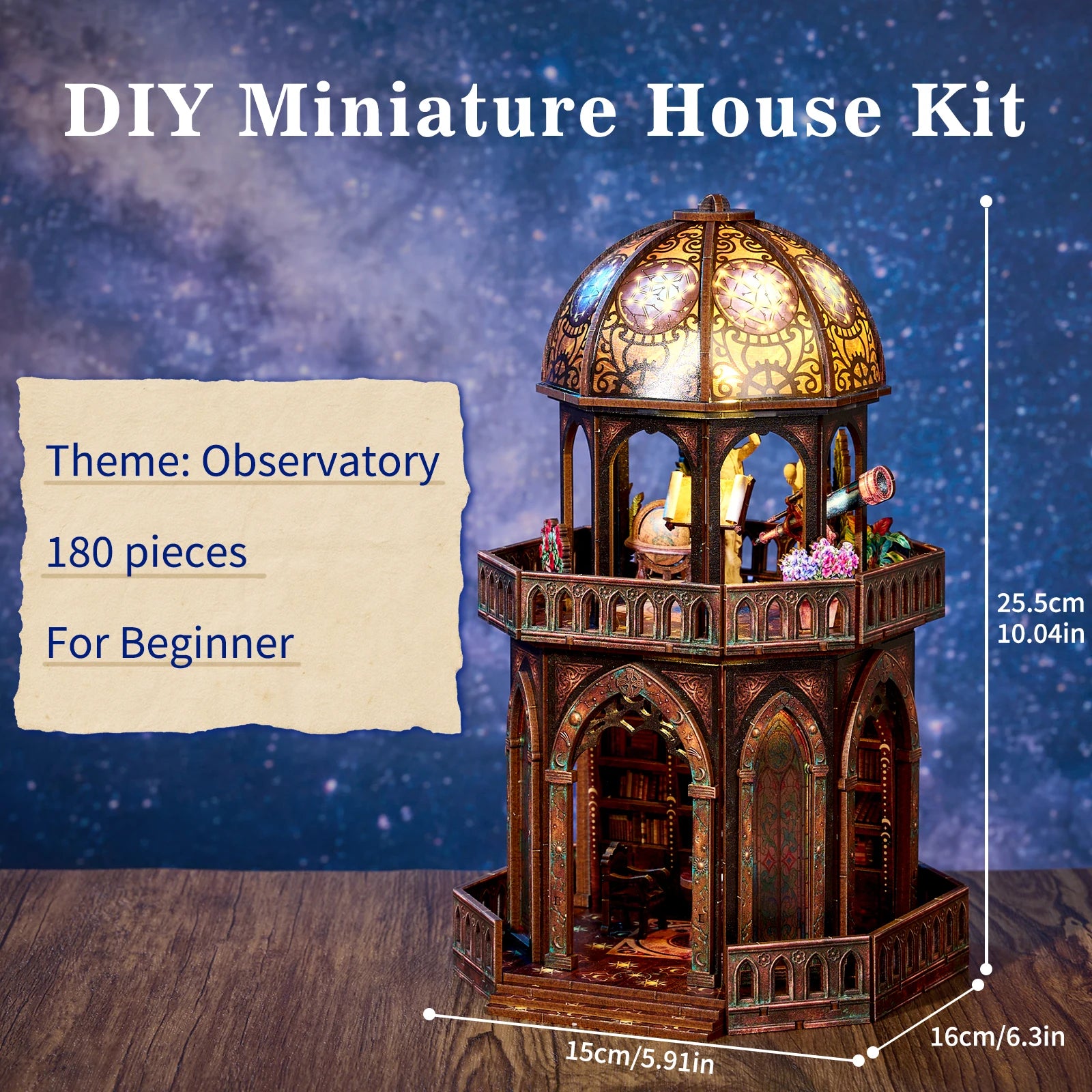 Observatory dollhouse kit box art showing 180 pieces, beginner skill level, and 25.5 x 16 x 15 cm size