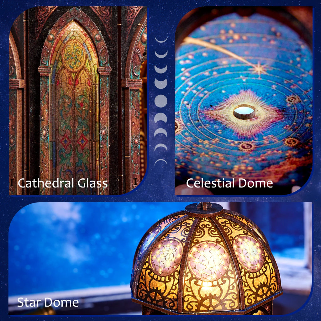 Stained glass window detail and the glowing constellation pattern inside the observatory dome
