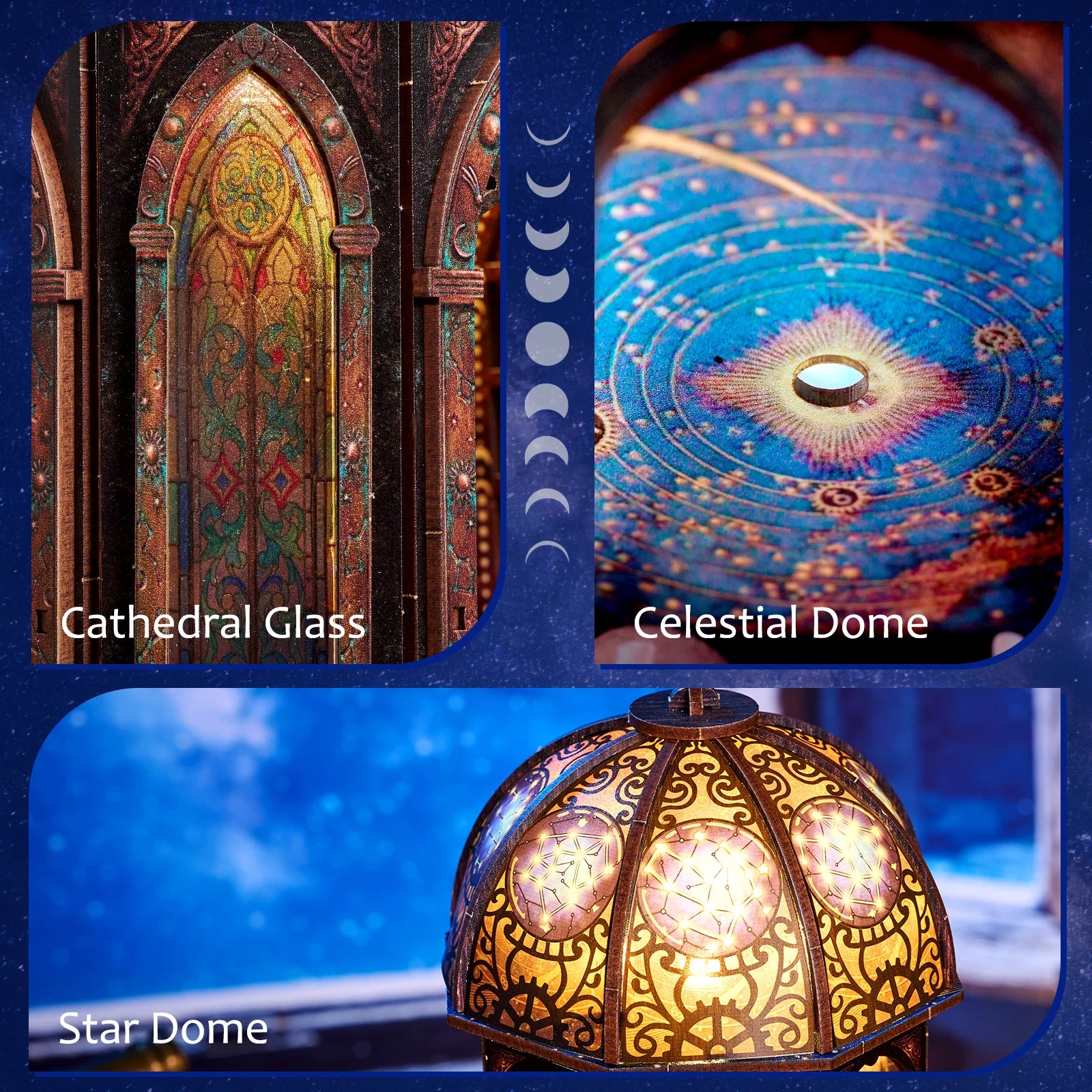 Stained glass window detail and the glowing constellation pattern inside the observatory dome