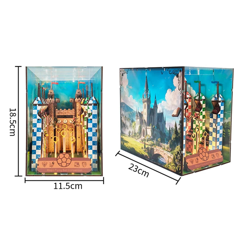 Quidditch pitch book nook kit assembled dimensions: 18.5 x 11.5 x 23 cm