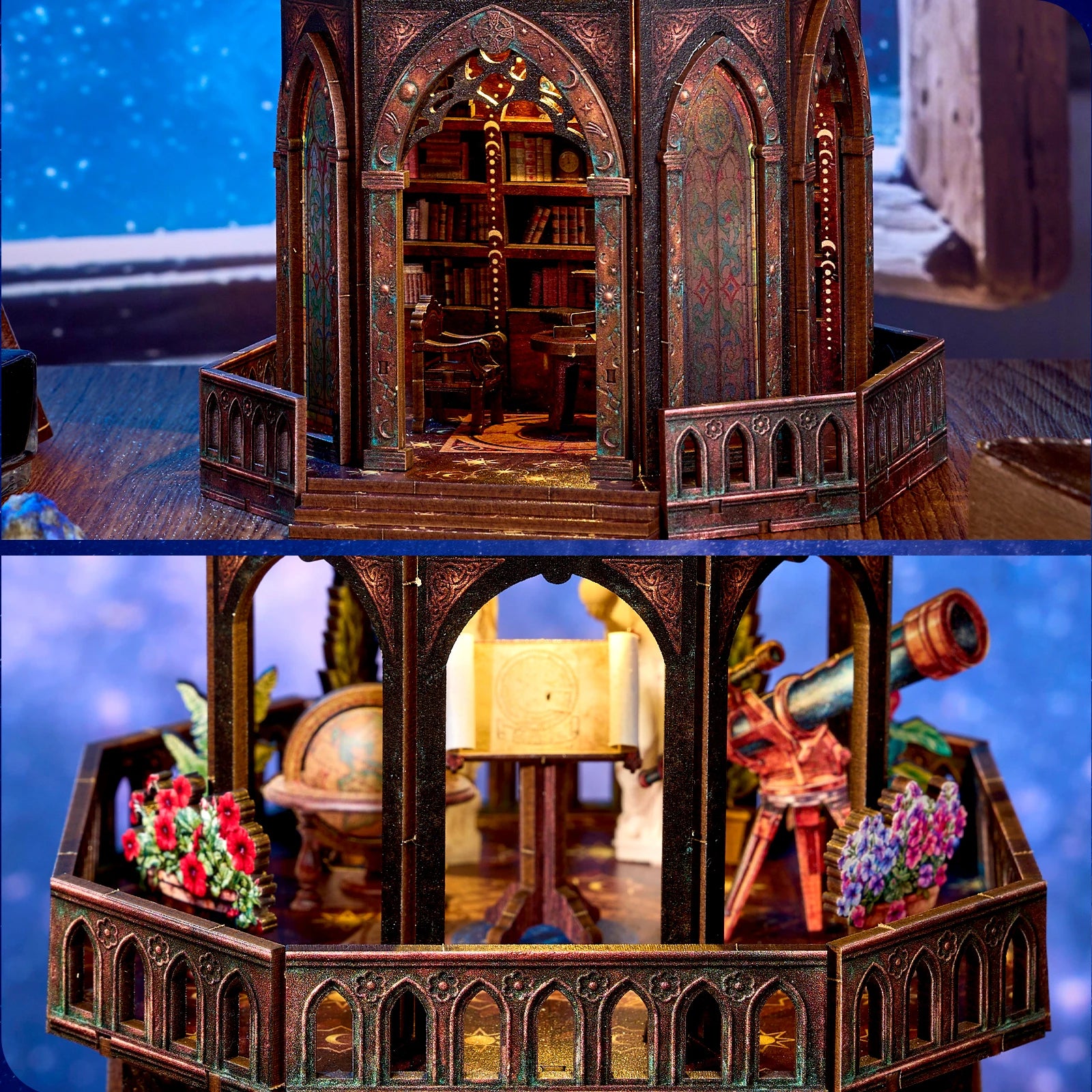 Interior study level of the observatory kit with a built-in bookshelf, desk, and chair behind gothic arches