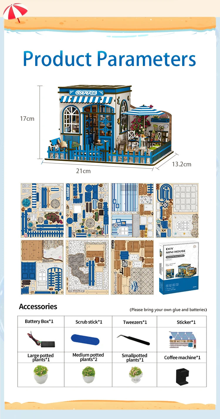 Assembled dimensions of the Santorini Sun Coffee dollhouse kit: 21 x 13.2 x 17 cm